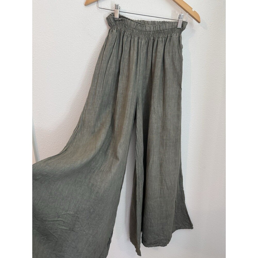100% Linen Palazzo Pants Lagenlook Boho Yoga Travel Pull On One Size M Gray - Picture 2 of 7
